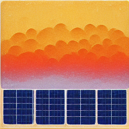 solar panels in front of sunset colored clouds